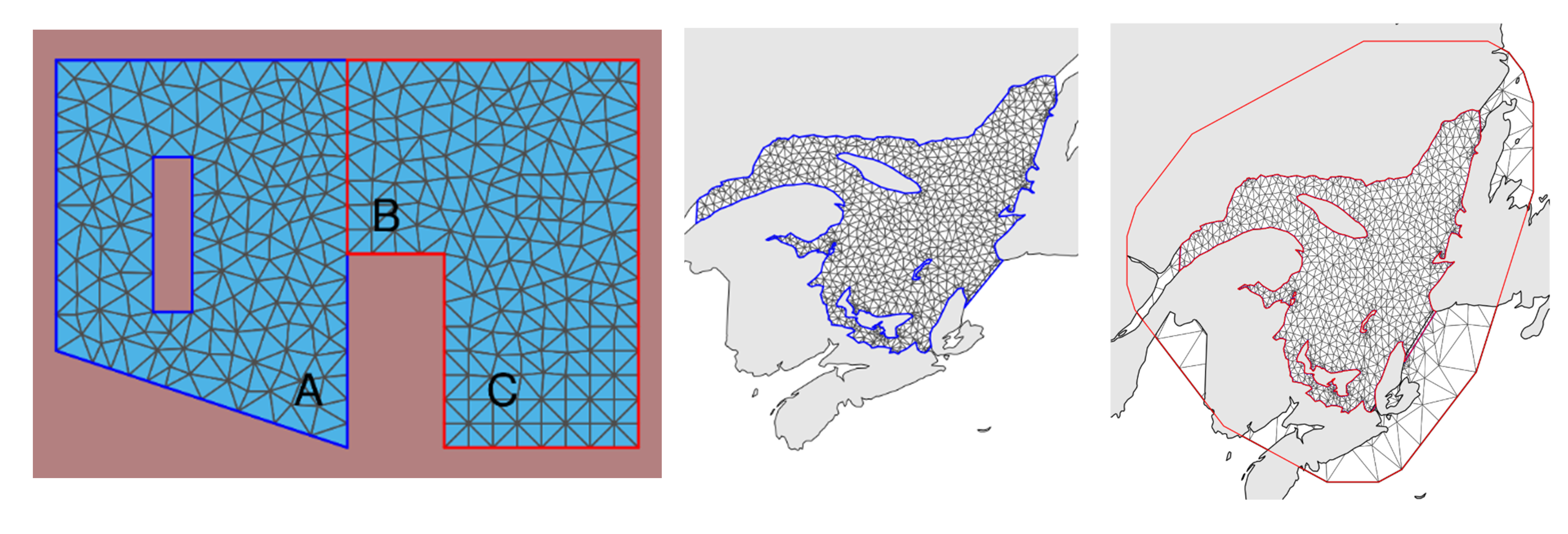A mesh can be built to put simple holes in your study area (like a lake or road; left), or by many polygon ‘holes’ like a coastline (center). More advanced “barrier” methods create a more mathematically correct mesh around it as well (left). Graphics from: https://becarioprecario.bitbucket.io/spde-gitbook/ch-intro.html#sec:mesh, https://haakonbakkagit.github.io/btopic104.html)